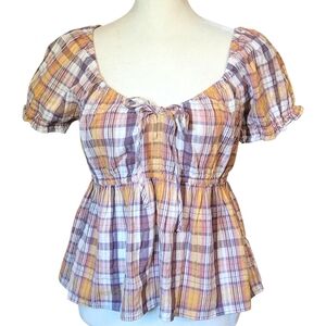 Lucky Brand Plaid Babydoll Peasant Top Puff Sleeve Cotton NWT M